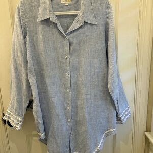 Pomegranate Blue Striped Button Up Tunic with cuff and hem detail Size XL